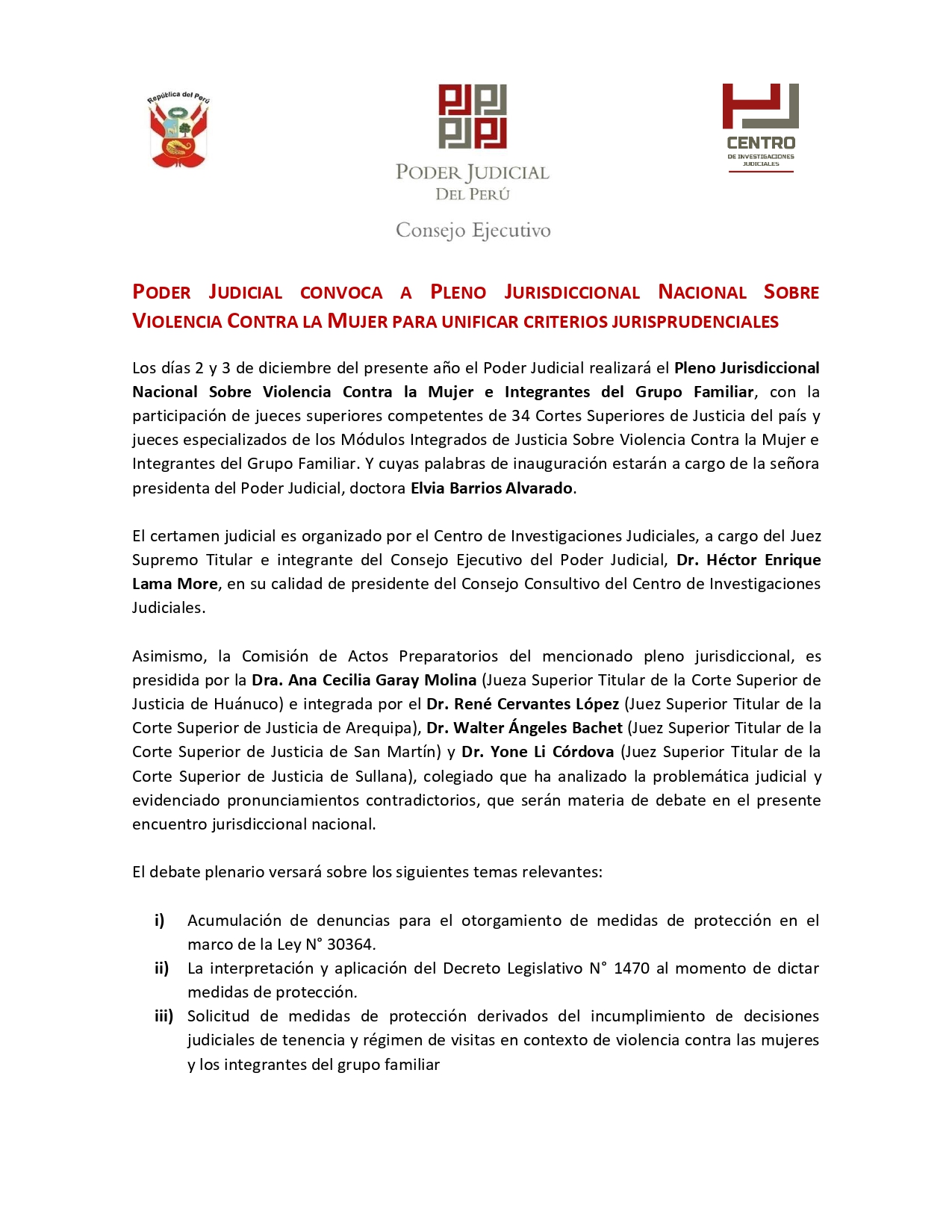 Poder Judicial Convoca a Pleno Jurisdiccional Nacional sobre violencia contra la mujer para unificar criterios jurisprudenciales